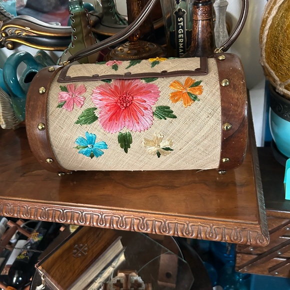 Vintage Floral Embroidered Raffia & Wooden Barrel Bag ~ Bags By Whidby Inc. - Picture 7 of 14
